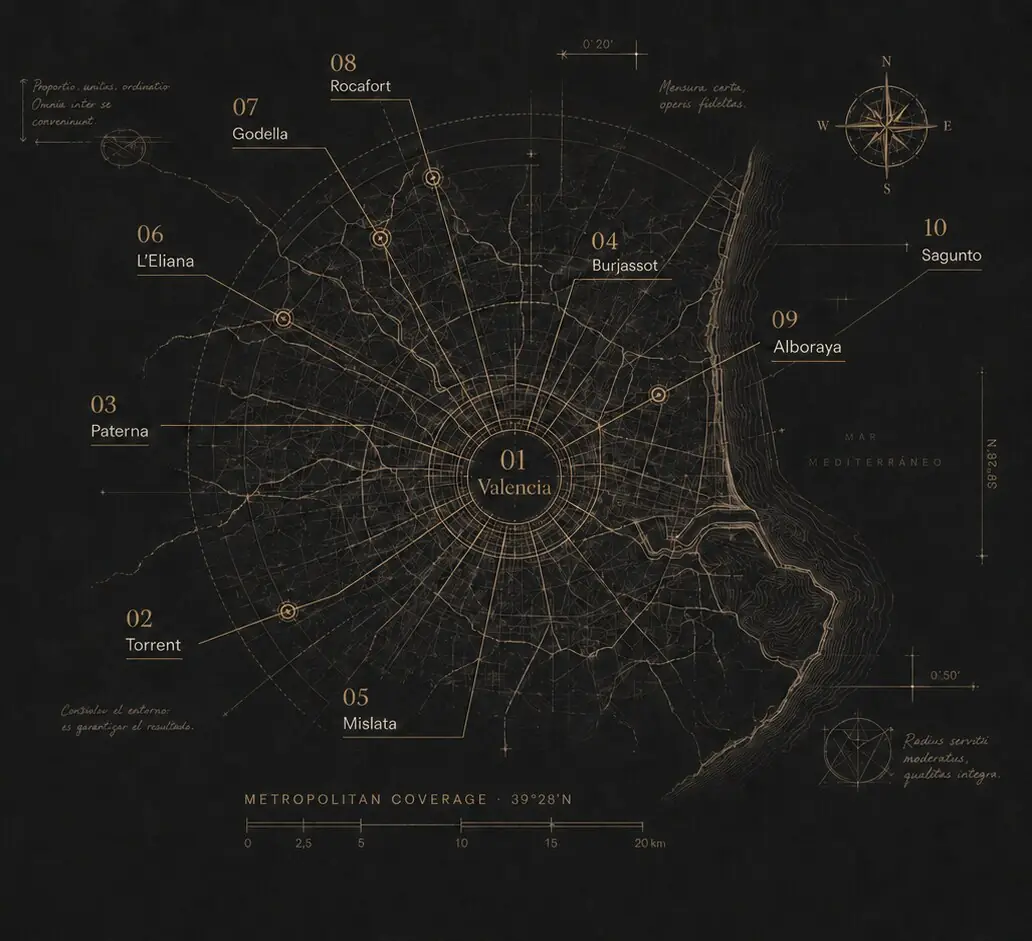 Mapa arquitectónico del servicio que conecta Valencia con Torrent, Paterna, Burjassot, Mislata, L'Eliana, Godella, Rocafort, Alboraya y Sagunto